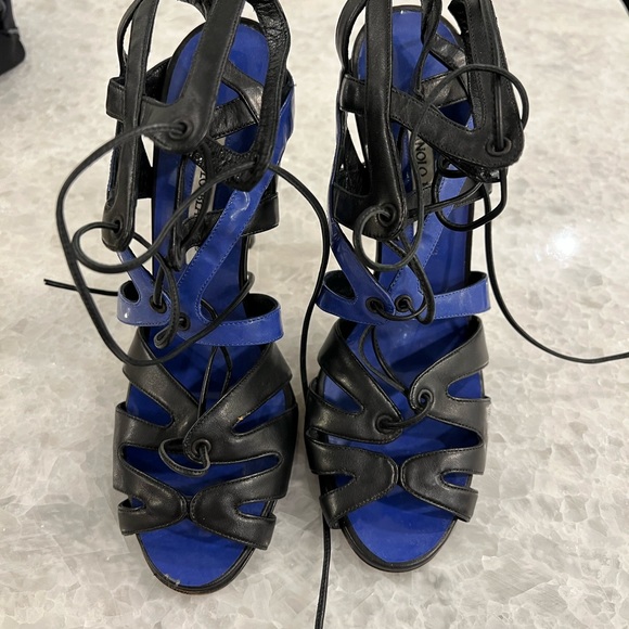 MANOLO BLAHNIK Netochka Lace-Up Cage Sandal Heels, Blue and Black Leather - Picture 5 of 6